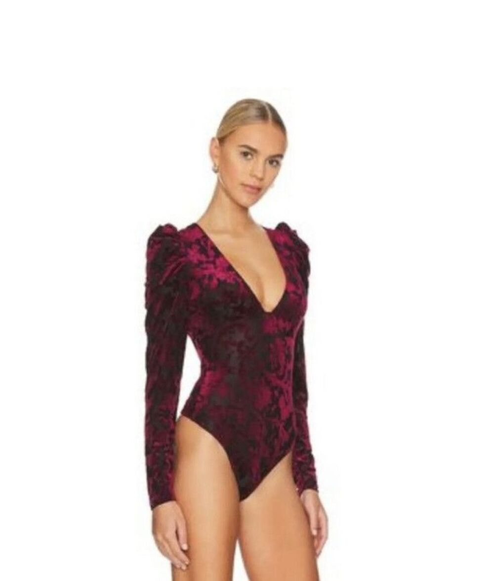 Free People Bodysuit Velvet Long Sleeves Size S Wine Midnight Combo Magic Hour